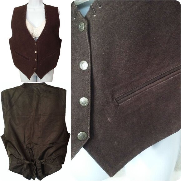 Lot(2) Mona Mode Suede Leather Vests Lady-L Pockets Lined Metal Snaps Brown Blac - Picture 4 of 10